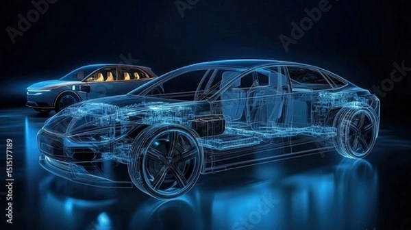 Fototapeta Wireframe rendering of electric vehicle