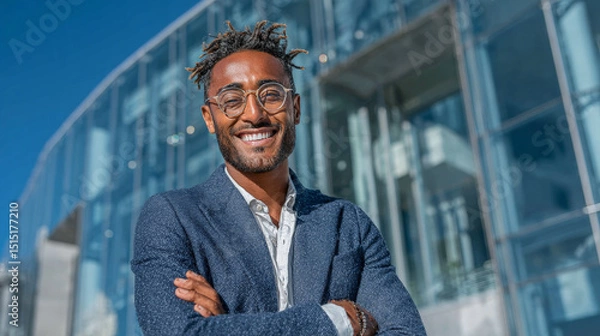 Fototapeta A confident young male entrepreneur stands proudly with arms crossed in front of a sleek glass office building. Generative AI