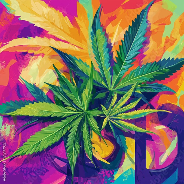 Obraz Colorful poster featuring marijuana leaves and cannabis inspired graphics promoting relaxation and wellness against a bright and abstract background with bold typography