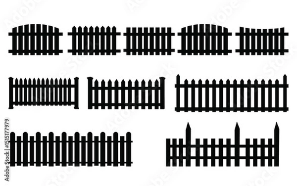 Fototapeta white picket fence  vector illustration .Wooden fence silhouette, rustic picket fence vector icon.Set of black fence on white background.picket logo. 