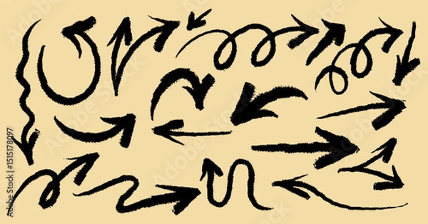 Fototapeta Set of black chalk arrows. Grunge hand drawn charcoal symbols for hand drawn diagrams. Freehand different curved arrows, swirls, crosses, check marks. Template vector doodle marker drawing on yellow.