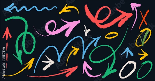 Fototapeta Set of colored chalk arrows. Grunge hand drawn charcoal symbols for hand drawn diagrams. Freehand different curved arrows, swirls, crosses, check marks. Template vector doodle marker drawing.