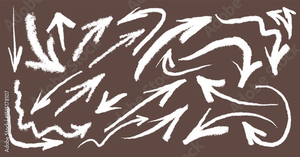 Fototapeta Set of white chalk arrows. Grunge hand drawn charcoal symbols for hand drawn diagrams. Freehand different curved arrows, swirls, crosses, check marks. Template vector doodle marker drawing.