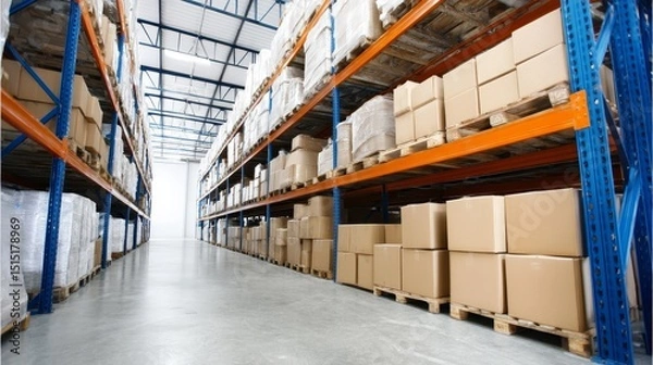 Fototapeta Extensive Warehouse Inventory Rows of Cardboard Boxes - Organized warehouse, rows of stacked cardboard boxes, efficient storage, logistics, distribution center. Symbolizing: order, efficiency