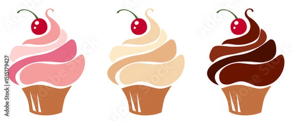 Obraz Cupcakes. Pink, vanilla, and chocolate cupcakes isolated on a white background. Set of vector illustrations