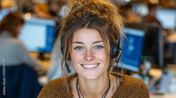 Fototapeta A friendly young female customer service agent wearing a headset smiles warmly at the camera. Generative AI
