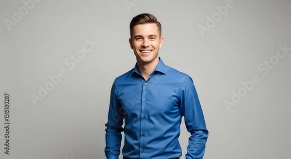 Fototapeta A portrait of a confident and smiling man with short brown hair, set against a minimalist grey background, he radiates approachability and warmth.