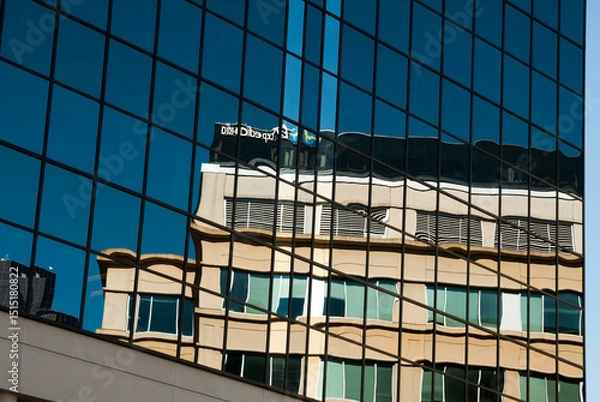 Fototapeta Abstract glass skyscraper reflections showing a distorted adjacent building in the reflecting window grid_20101017_03978.