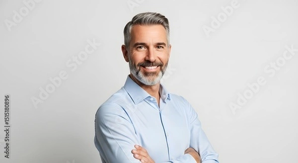 Fototapeta A mature man's portrait captures a confident and composed demeanor, radiating a friendly smile, embodies experience and a professional presentation.
