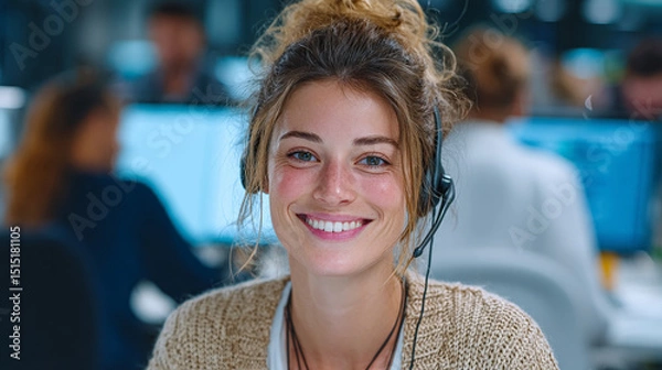 Fototapeta A friendly young female customer service agent wearing a headset smiles warmly at the camera. Generative AI