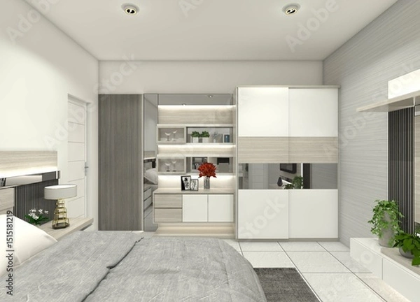 Fototapeta 3D design for a bedroom wardrobe and storage cabinet with display shelves.