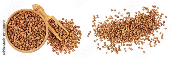 Fototapeta Raw buckwheat in wooden bowl isolated on white background. Top view. Flat lay