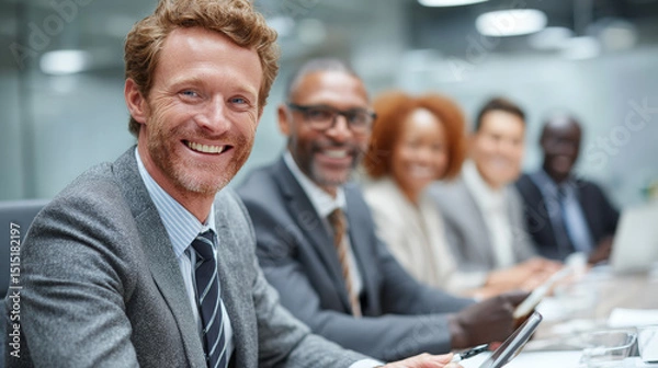 Fototapeta A diverse group of professional businesspeople in formal attire gather around a sleek conference table, actively engaged in a productive meeting. Generative AI
