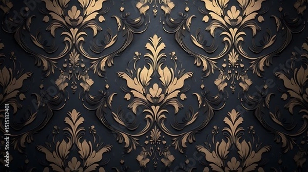 Obraz Elegant gold floral damask pattern on a dark background, creating a luxurious and vintage feel
