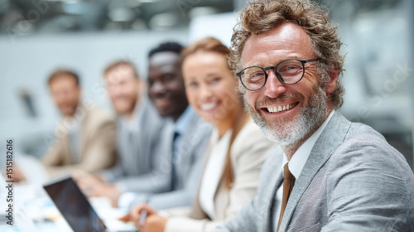 Fototapeta A diverse group of professional businesspeople in formal attire gather around a sleek conference table, actively engaged in a productive meeting. Generative AI