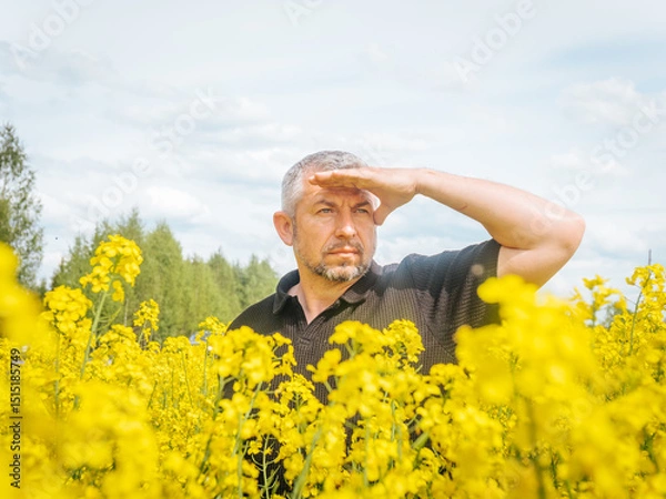 Fototapeta A middle-aged man shields his eyes from the sun while standing in a vibrant yellow rapeseed field under a bright sky with scattered clouds.