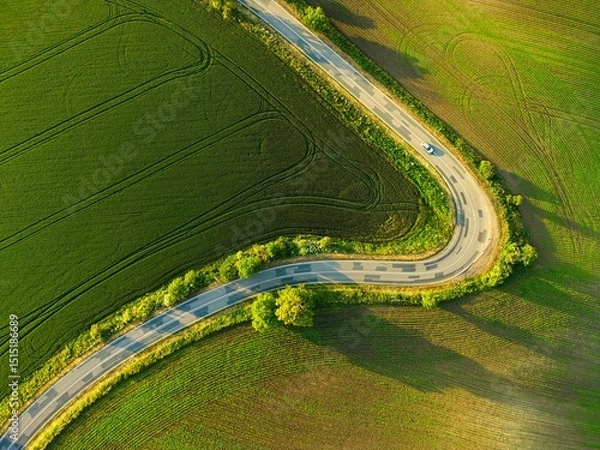 Obraz Road with cars between green fields from above - view of nature from a drone. Beautiful landscape concept suitable for transportation, agriculture and environment.