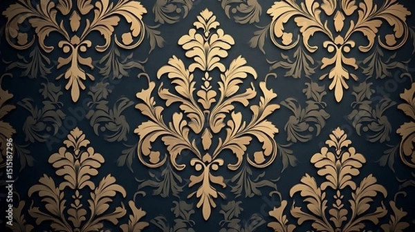 Obraz Elegant gold floral damask pattern on a dark blue background
