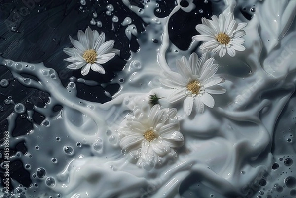 Fototapeta Three white daisies are delightfully splashing in milk