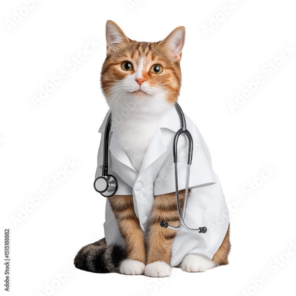 Fototapeta A sweet tabby cat dressed as a doctor with a white coat and stethoscope on transparent background