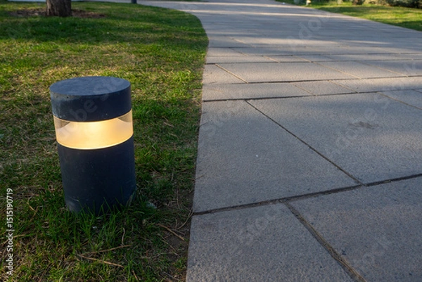 Fototapeta Modern pathway lighting enhances safety and aesthetic value in a park setting during late afternoon hours, showcasing thoughtful landscape design and infrastructure elements