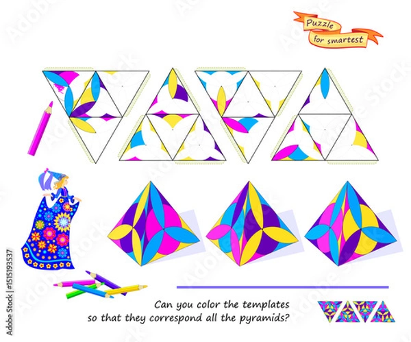 Fototapeta Logic game for the smartest. Can you color the templates so that they correspond all the pyramids? 3D puzzle. Coloring book. Developing spatial thinking skills. Brain teaser book. Vector illustration