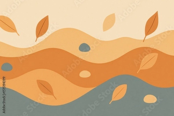 Fototapeta Minimalist Autumn Waves with Abstract Leaves and Stones – Wide Panoramic Illustration

