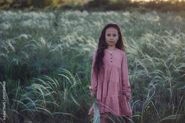Obraz A girl with long dark hair stands in a field