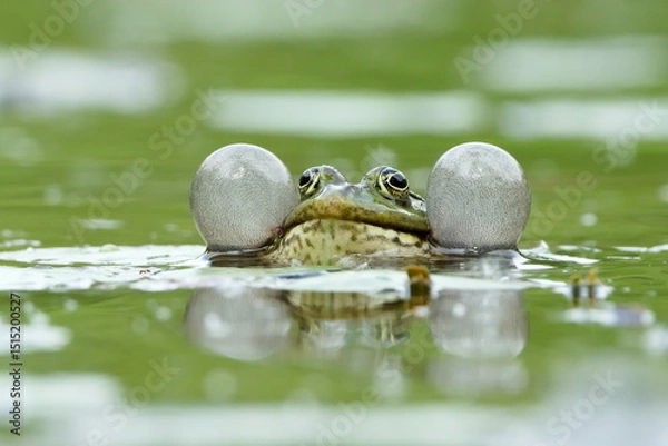 Obraz European marsh frog is inflating vocal sacs to attrack a mate. Nature of Czech republic.
