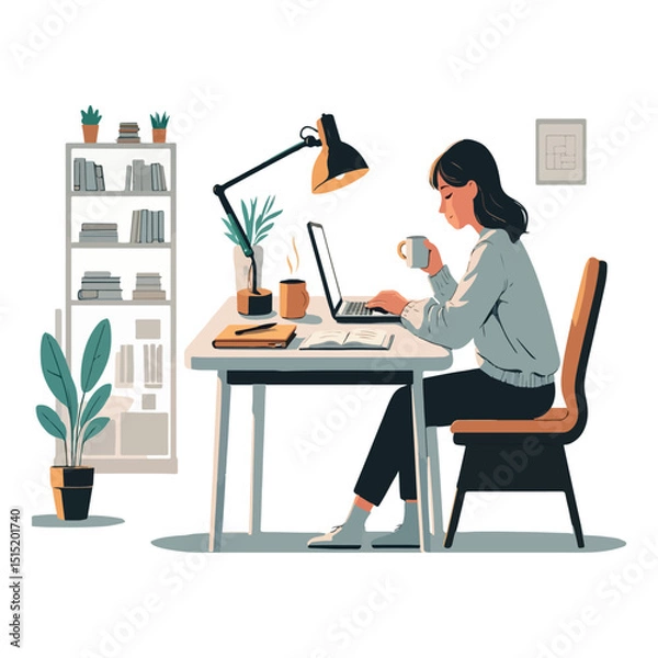 Fototapeta Woman Working from Home Cozy Desk Setup and Remote Work Productivity