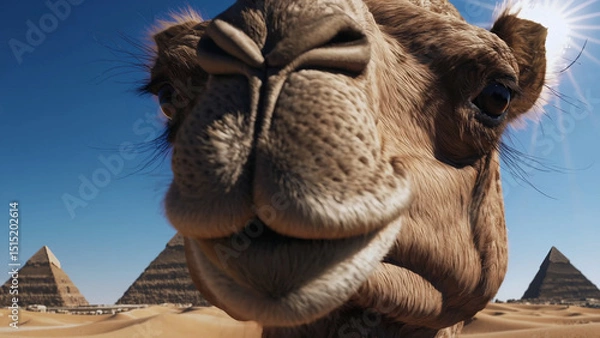 Fototapeta Close-up of friendly camel with pyramids in background captures charm of Egyptian desert. Expressive camel appears relaxed under bright sun