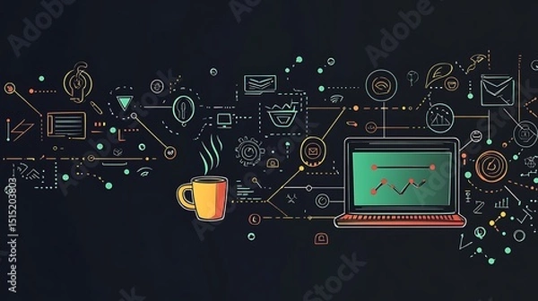 Obraz Abstract illustration of a laptop with graphs, coffee cup, and digital icons on a dark background