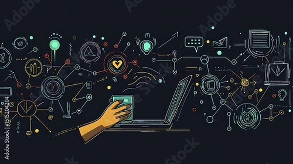 Obraz Abstract illustration of a laptop with graphs, coffee cup, and digital icons on a dark background