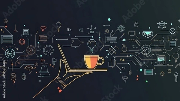 Obraz Abstract illustration of a laptop with graphs, coffee cup, and digital icons on a dark background