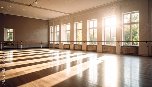 Obraz Sunlit Dance Studio with Wooden Floor and Barre Bright Spacious Room Natural Light.