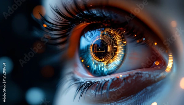 Fototapeta Futuristic AI Eye Close-Up with Mechanical Iris and Cybernetic Circuits