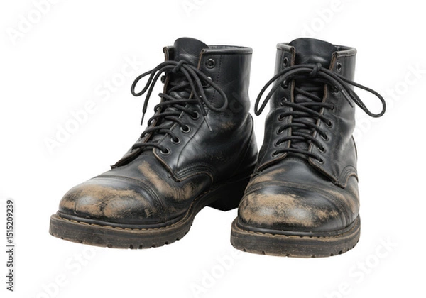 Obraz Pair of worn black leather boots isolated on transparent background