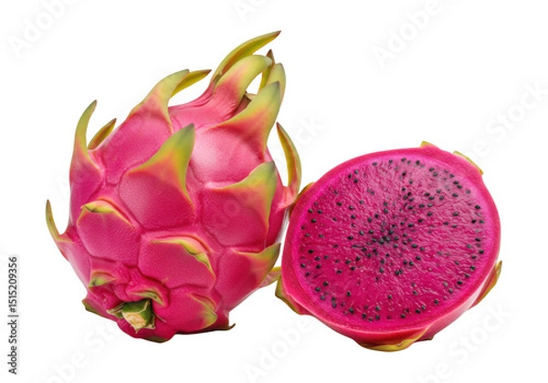 Obraz Fresh red dragon fruit whole and sliced isolated on transparent background
