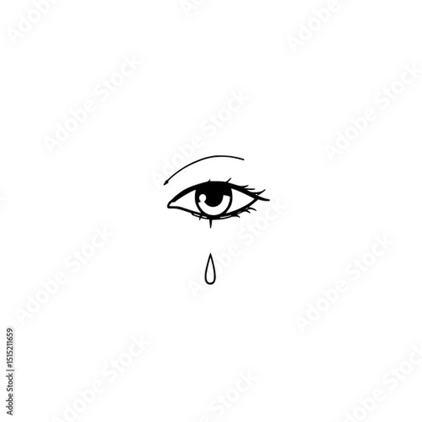 Fototapeta Single Tear: A minimalist line art illustration of a weeping eye, showcasing a single tear falling down a cheek, conveying sadness and emotion.
