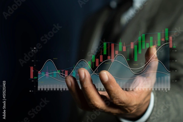 Obraz Businessman hand holding economy graph statistic showing growth of profit analyzing financial exchange on increase digital money. stock thread, trading, crypto currency