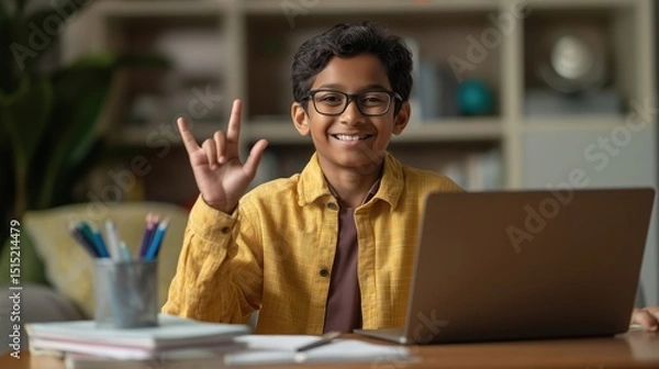 Obraz A young deaf Indian boy student engages in an online video call on his laptop, using sign language while focused on the screen