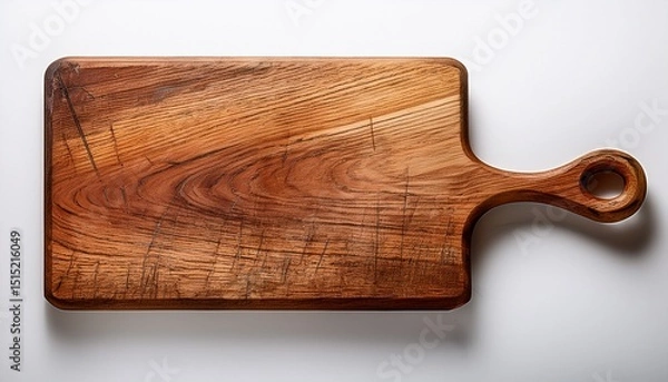 Fototapeta worn wooden cutting board with handle displaying surface texture and scratches on clear backdrop