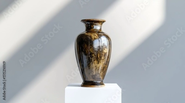 Obraz A finely crafted ceramic vase stands prominently on a white pedestal within a gallery. Soft light streams in, casting gentle shadows that enhance the vase's artistic features