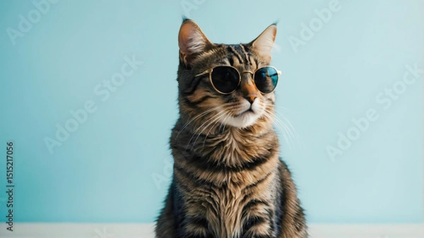 Fototapeta A cool-looking striped cat with glasses is sitting on a blue background. AI-Generated