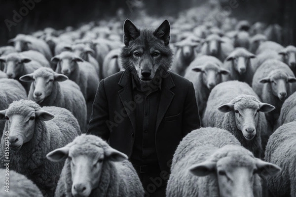 Fototapeta A wolf in a suit walks confidently among sheep, representing deception, leadership, and hidden threats in a surreal grayscale image. Generative AI