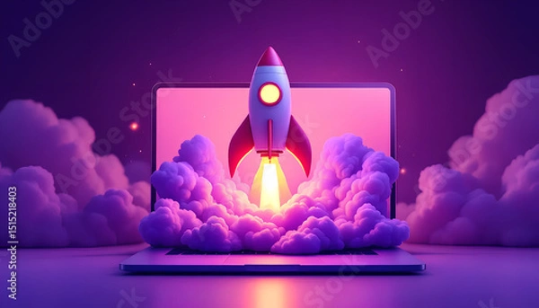 Obraz 3D Illustration of Rocket Launching from Laptop – Startup Innovation Concept