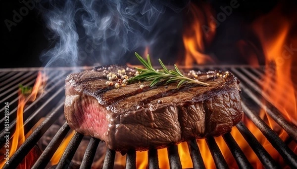 Obraz beef steak on the grill with smoke and flames