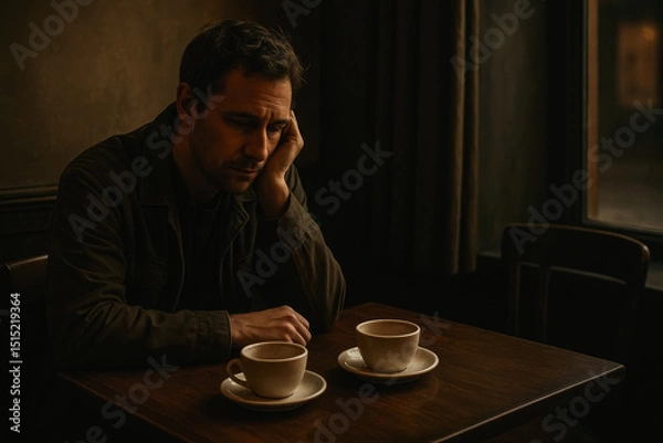 Fototapeta Man alone at table with two coffee cups, lost in thought in dim café, generative AI