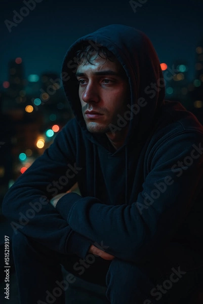Fototapeta Man in hoodie sitting alone on rooftop at night, city lights blur behind, generative AI