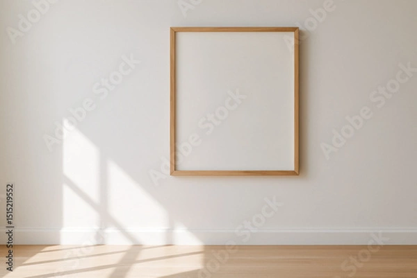 Fototapeta Wooden picture frame on white wall in sunlit minimalist room, generative AI